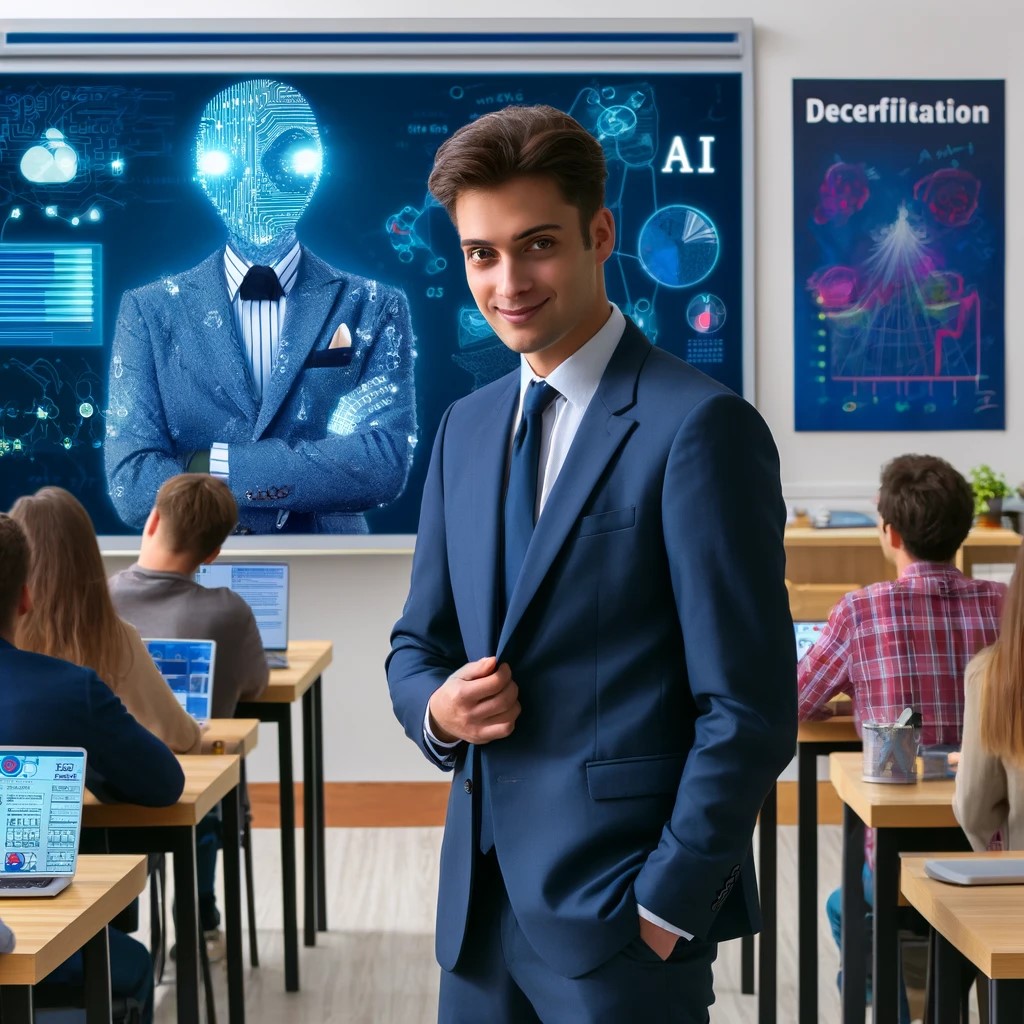 depicting a person disguised as an AI education instructor who is committing fraud